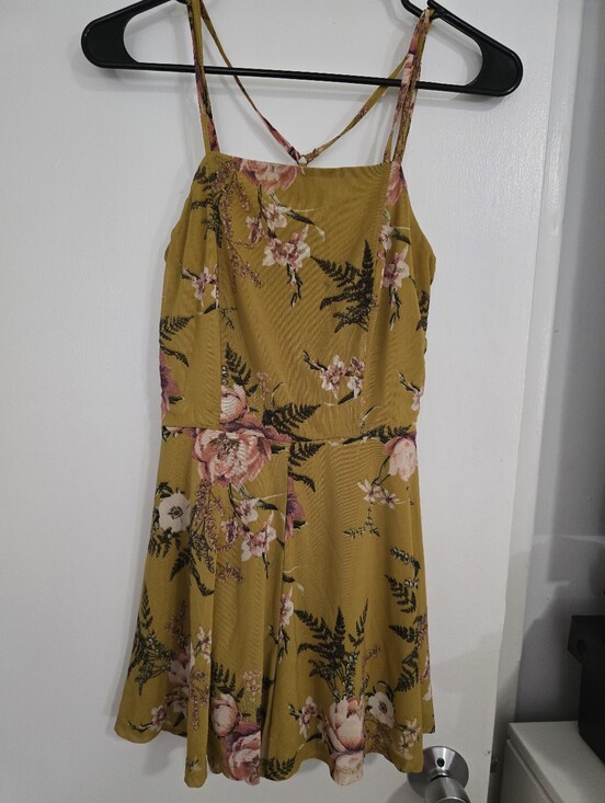 Pants - Floral Spaghetti-Strap Dress in Mustard